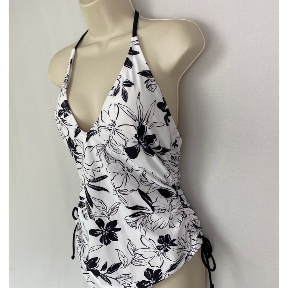 Cupshe One Piece Swimsuit Womens XL Floral Ruched Sides Halter Black White NEW - Picture 2 of 15